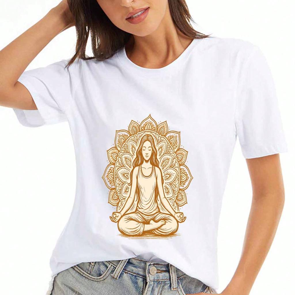Yoga Mandala Damen Baumwoll T-Shirt, Premium Baumwollqualität Druck, Langlebig, Lässig Und Modisch. Meditatives Design, Spirituelles Symbol, Ideal für Yoga