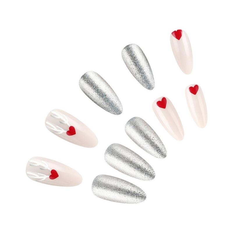 24 Pcs Elk Full Cover Stick On Nails Artificial Nails Medium Almond False Nails Christmas Press On Nails for Woman Girls