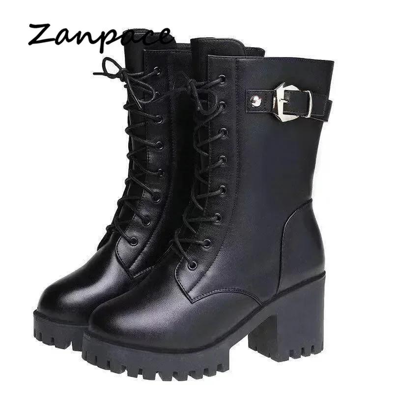 Fashion 2025 Winter Leather Women Winter Boots Thick Wool Warm Women High-heeled Genuine Boot High-quality Female Snow Boots Women Shoes