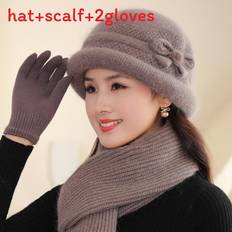 Plush Knitted Cap For Middleaged Women With Elegant Floral Pattern For Cold Seasons Khaki