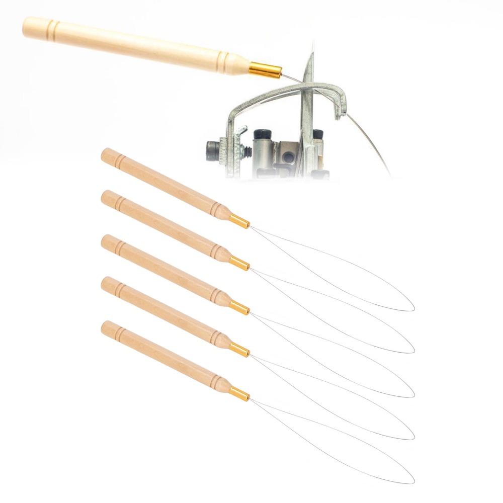 10Pcs Anti-Slip Handle Pulling Hook Tool Beech Wood Handle Micro Ring Threader  For Hair Extensions