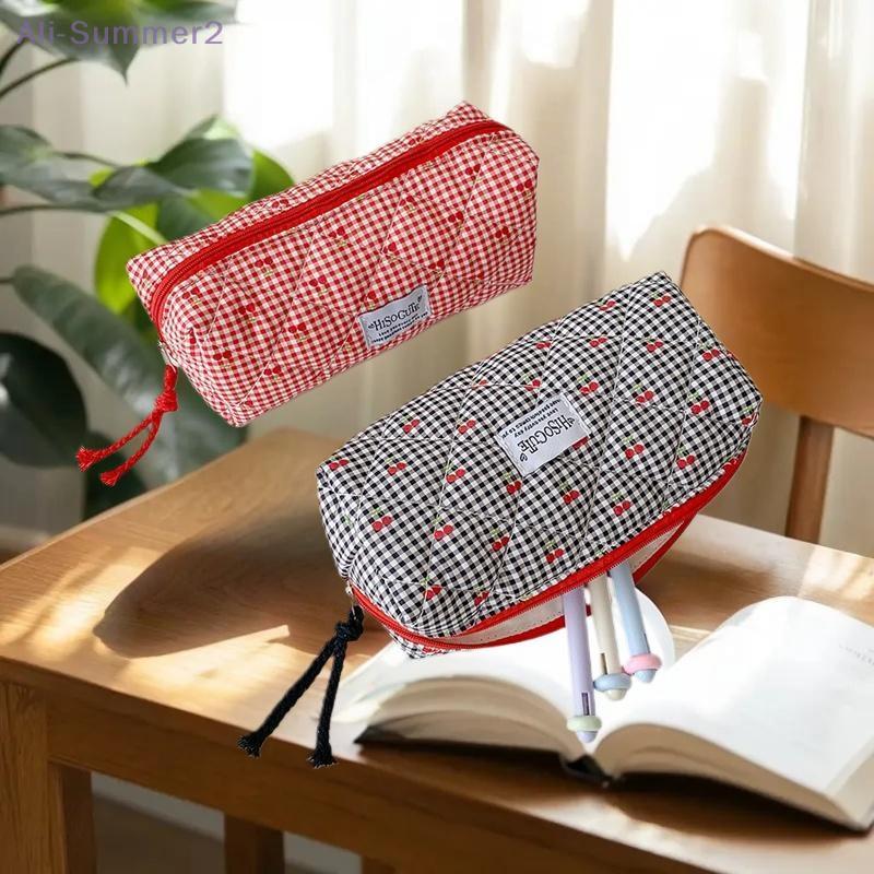 Trousse à crayons mignonne à carreaux cerise grande capacité sac de papeterie pour étudiants sacs à cosmétiques pour femmes pochette portable sac de rangement cadeaux