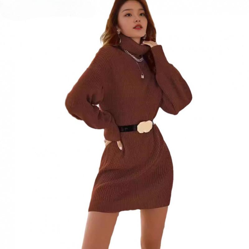 Høst kvinners høyhalsede langermede strikkekjoler