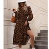 Cross-Border Spring & Fall New Round Neck Leopard Print Print Shoelace Tight Waist A- Line Lantern Long Sleeve Mid Length Long Length Dress Dress