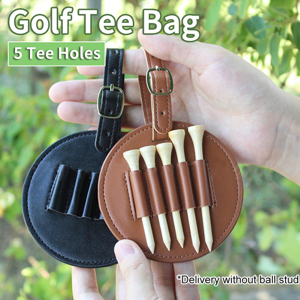 Golf Tee Holder Organizer PU Leather Golf Tee Storage Bag 5 Tee Holes Hanging Belt for Men Women Brown Black Golf Accessories