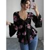 Fashion Square Collar Sweet Flower Printed Women Blouse Blending Tie Long Sleeved Shirt Ladies Loose Irregular Tops Elegant Slim Fit Casual Clothing