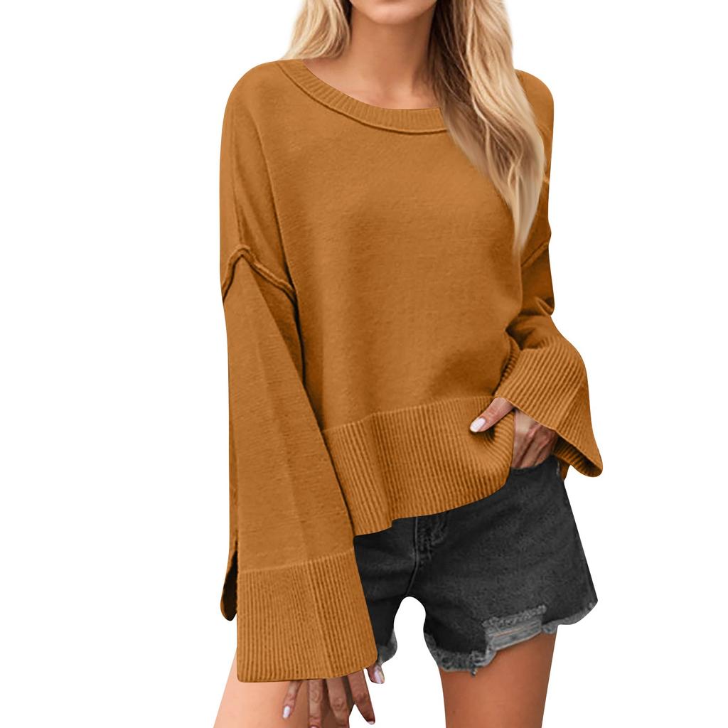 Women's Solid Color Round Neck Bell Sleeve Pullover Knitwear Fashion Short Sweater