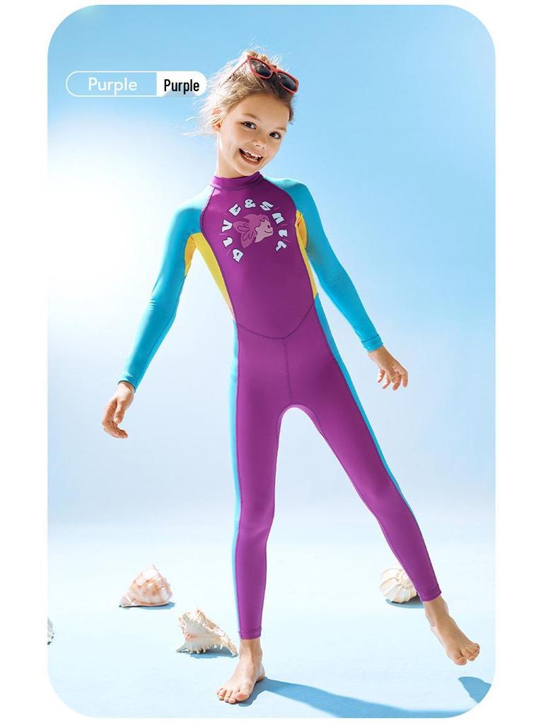 Girls' Long-Sleeve One-Piece Swimsuit - Sunscreen, Quick-Drying, Breathable for Swimming & Diving