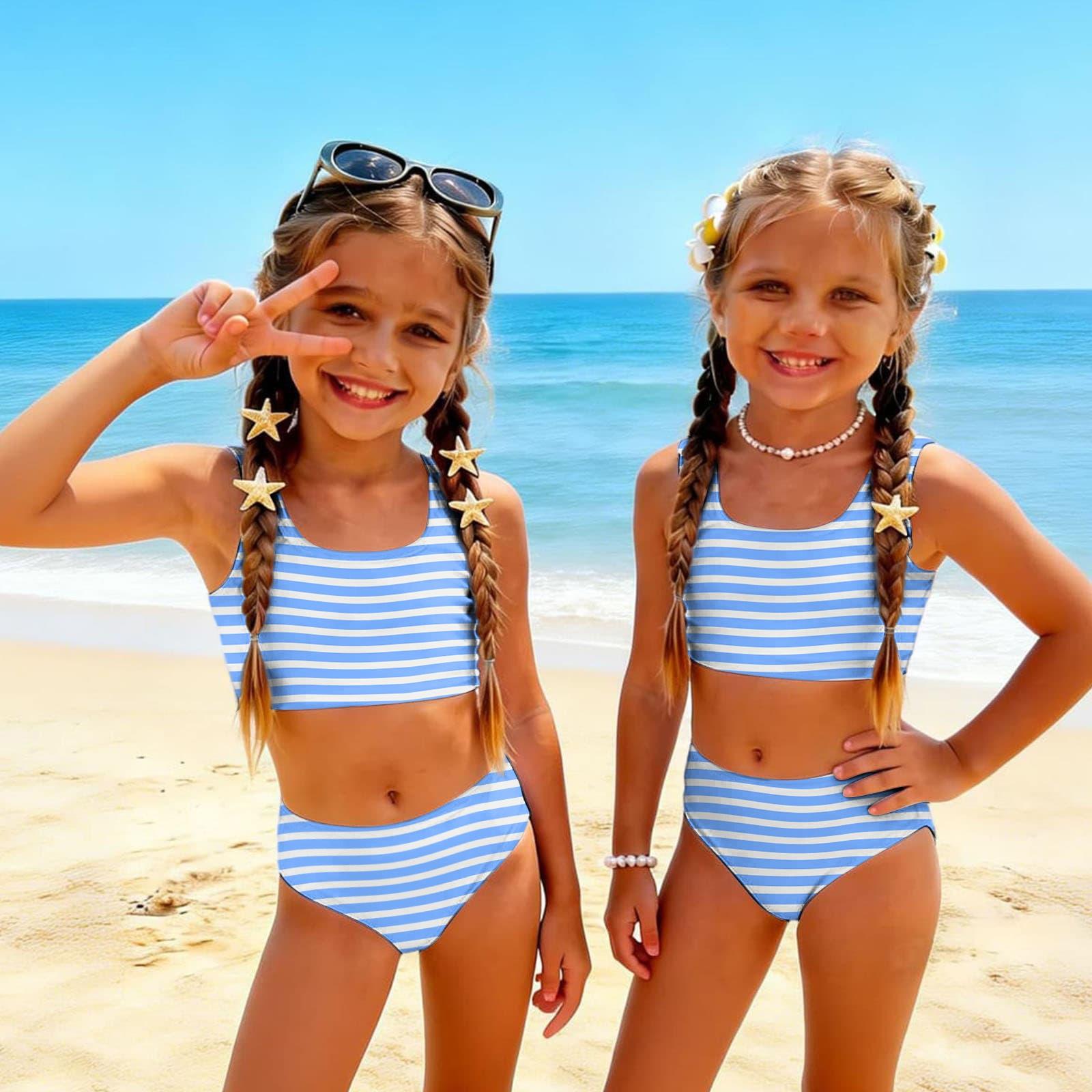Zweiteiliges Bikini-Badeanzug-Set für Mädchen Sommer Lässiges Tanktop und Unterteil Gestreiftes Muster Badebekleidung für Kinder Strand Pool 120 beige