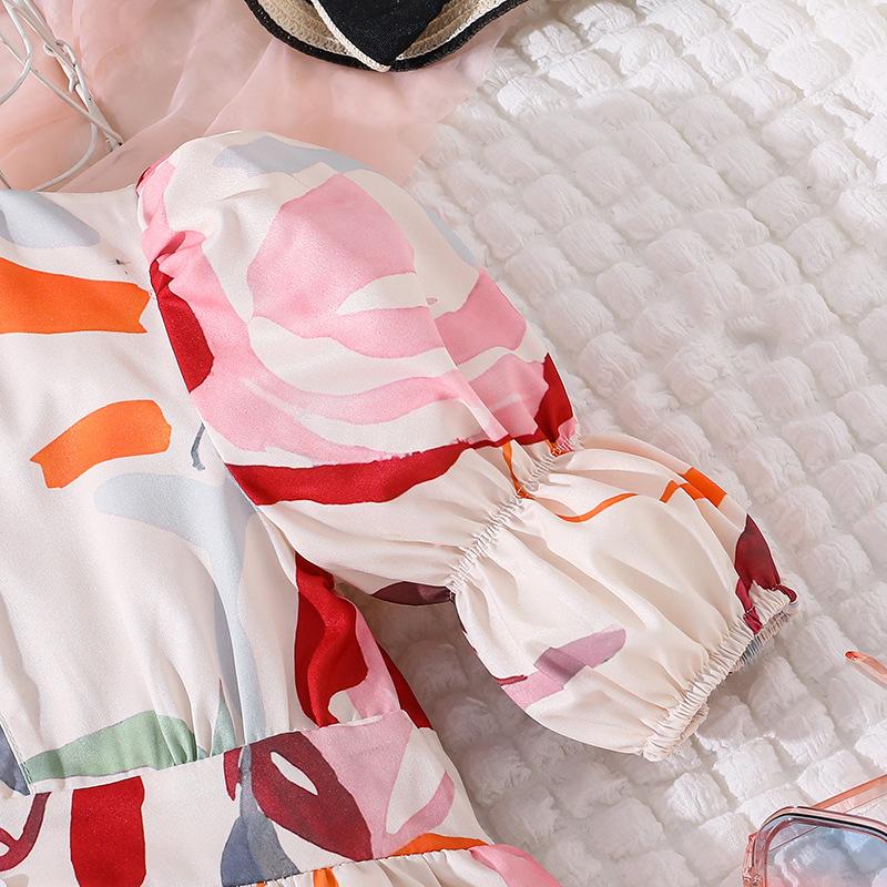 Girls' Fashion Dress 2025 Summer Children's Casual Puffed Sleeve Print Slim-fit Dress