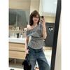 Correct Version! New Retro Floral Plaid Off-Shoulder Short-Sleeve T-Shirt for Women, Summer Stylish Design Top