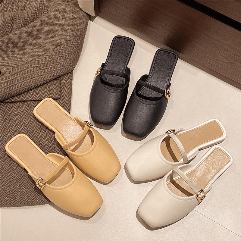 Korean Style Women's Non-Slip Breathable Baotou Slippers - Flat Bottom and Easy Slip-On for Office and Outdoor Wear