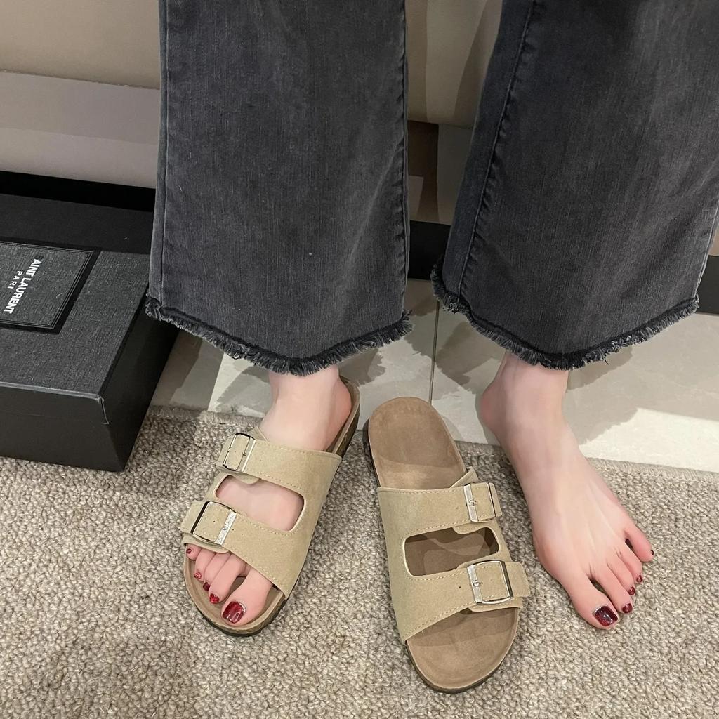 Whoholl Dámské klasické korkové pantofle Nové unisex semišové ploché sandály s podporou klenby Letní plážové nazouváky Nastavitelné boty s přezkou