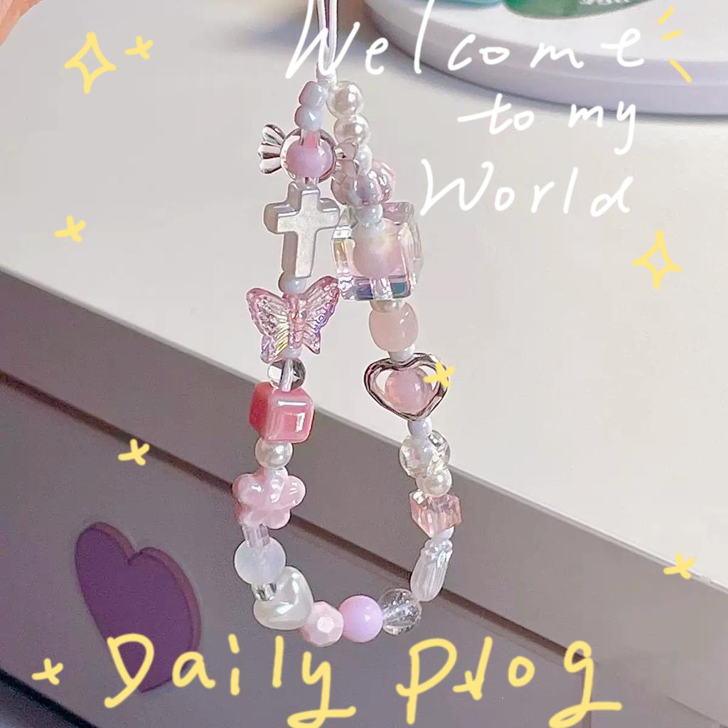 Charm Pink Butterfly Love Heart Mobile Phone Chain For Iphone Girl Women Jewelry Strap Beaded Lanyard Hanging Cord Bracelet