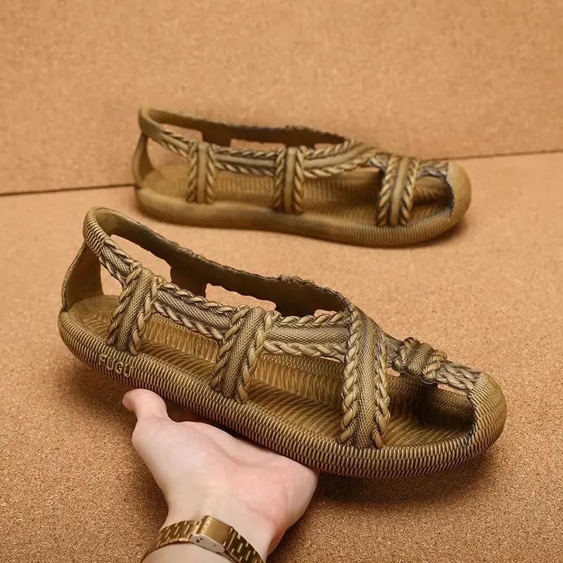 Retro handmade woven shoes with soft soles anti slip beach shoes for men's and women's rattan woven grass sandals slippers