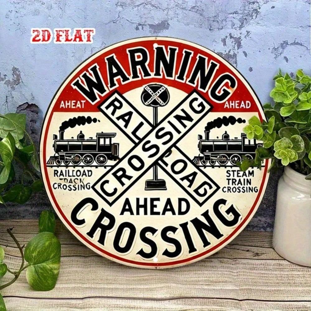 Vintage Railroad Crossing Metal Sign 7.8 Inch Round Heavy Duty Train Warning Decoration Locomotive