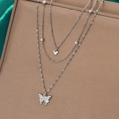 Yousheng Women Necklace Rhinestone Decor Three Layer Butterfly Pendant Adjustable with Extended Length Prom Party Neck Jewelry Wedding Necklace