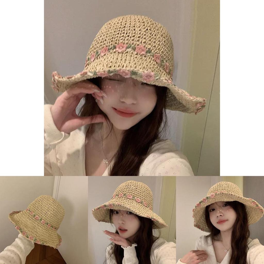 Stylish Ins Flower Foldable Straw Hat For Women Summer Beach Sun Protection