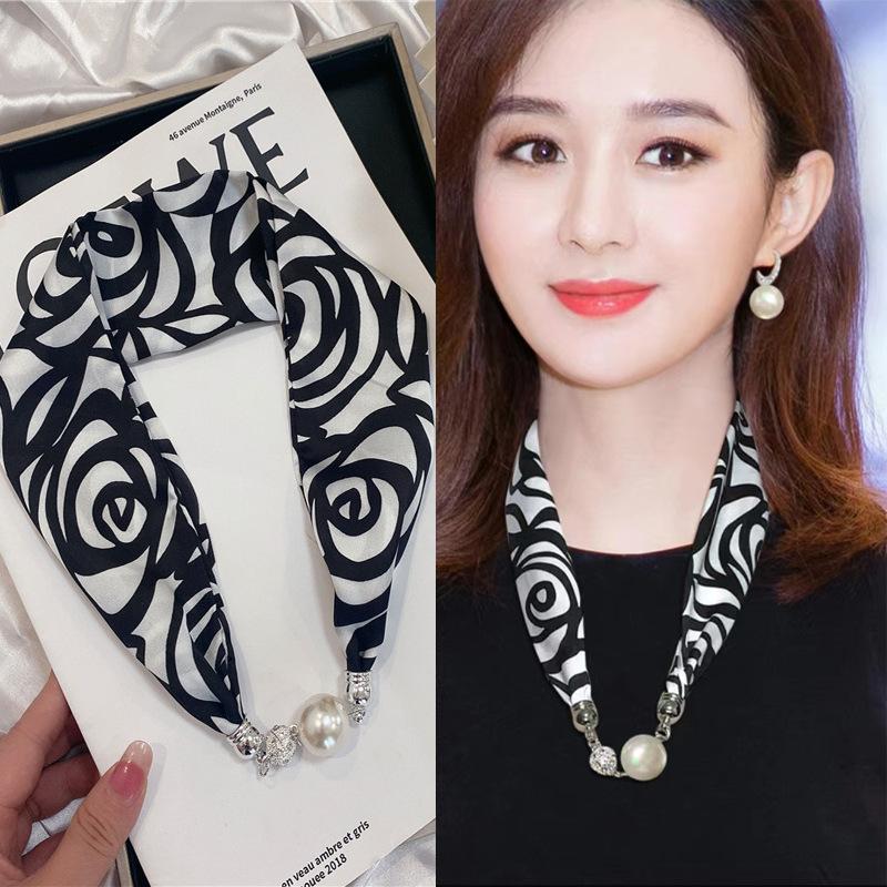 Luxury Design Magnetic Button Summer Silk Scarf Women Magnetic Pearl Necklace Scarves High End Matching Shirt Scarf Lady