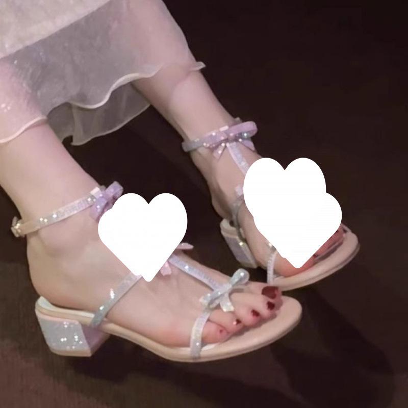 Rhinestone beautiful sandals women's 2025 new summer with skirt women's rhinestone word with super fire thick heel high heels