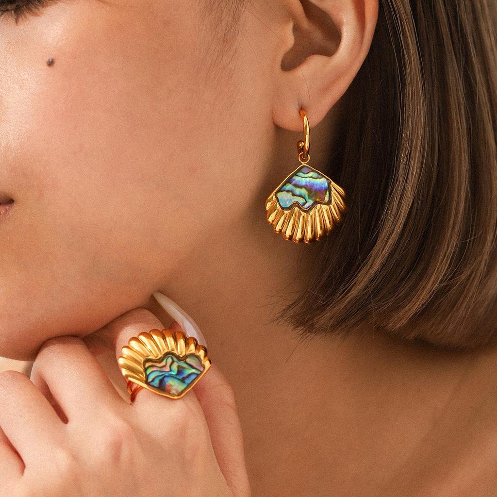 High-End Ocean Style Stainless Steel Ring & Earrings Set for Women - Non-Fading, Fashionable Jewelry