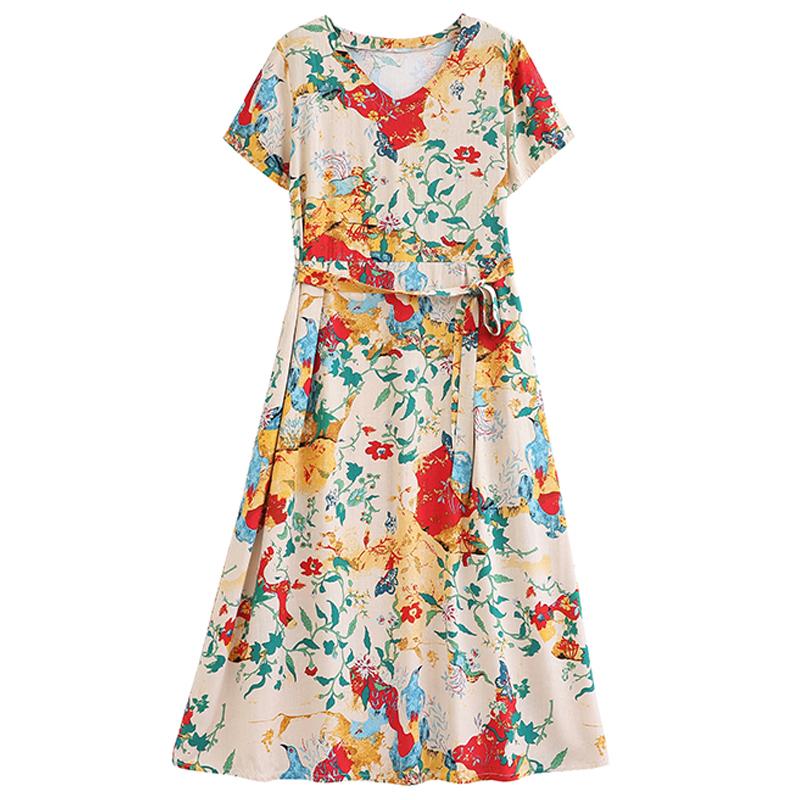 Langes Kleid mit Vintage-Print für Damen in Übergröße, lässiges kurzärmliges Sommerkleid mit Gürtel, Damenbekleidung mittleren Alters
