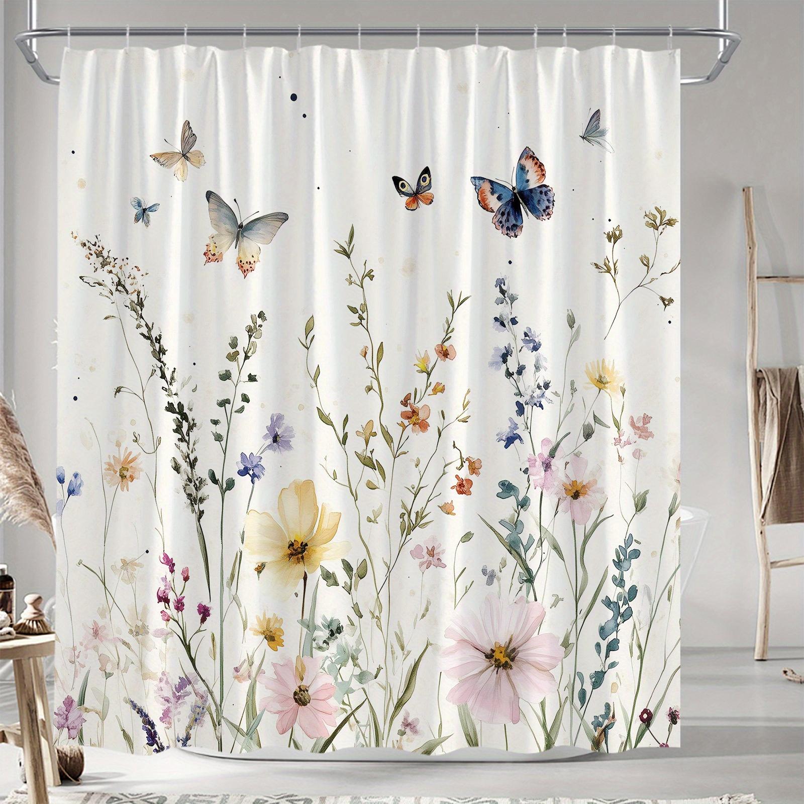 

Floral Meadow Shower Curtain with Butterflies - Watercolor Polyester, 70.8x70.8In, Fashion Bath Decor, Includes 12 Hooks W90XH180cm