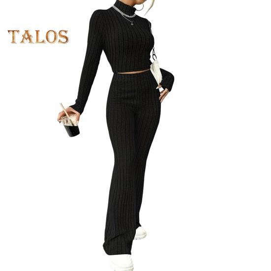 

2 шт./компл., осенне-зимний женский комплект с верхними брюками, комплект с полувысоким воротником и длинными рукавами, облегающий свитшот с высокой талией, однотонные полосатые брюки, спортивный повседневный комплект S