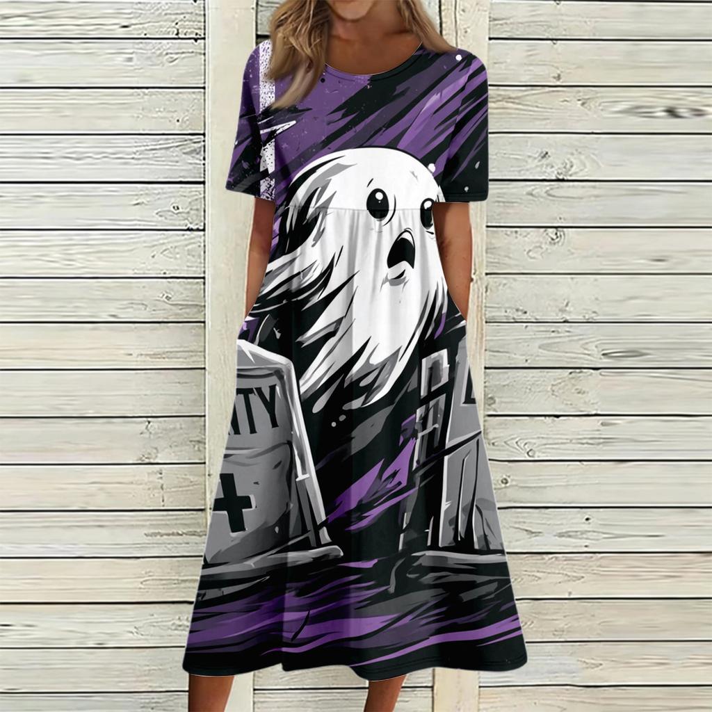 Women's Casual Round Neck Dress with Pockets Halloween Print for Party and Everyday Wear