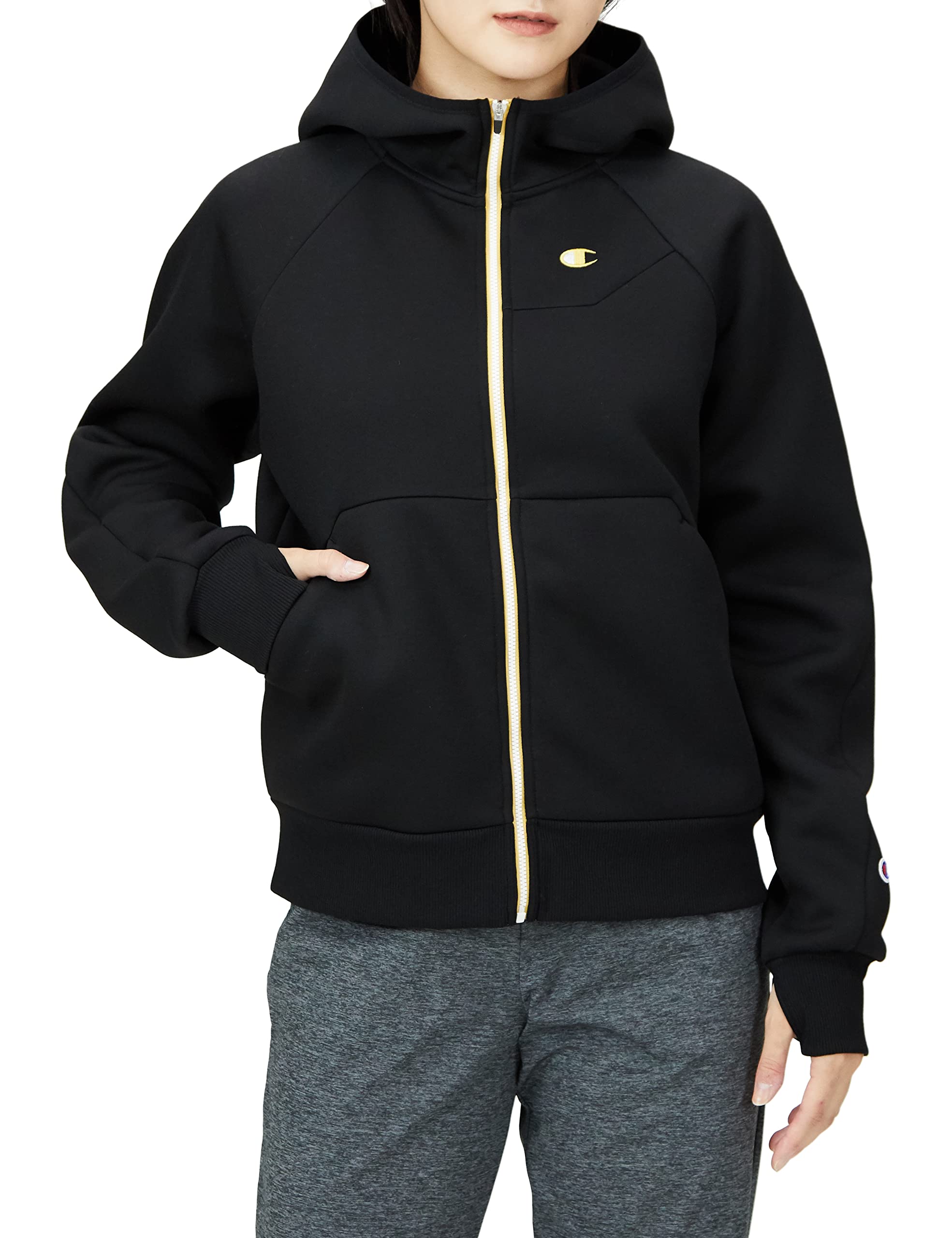 

Champion Techweave 3LS Zip Hooded Sweatshirt Long with a Size L Women s (CW-WS101), Sleeve, Stretch, Warm, Water-Repellent, One-Point Logo, Black, чёрный