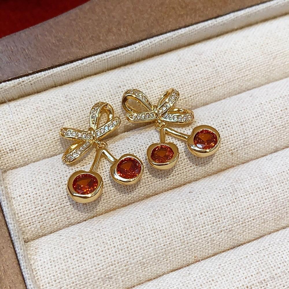 Zircon Bow Cherry Earrings Copper Retro Fruit Earrings High-end Bow Drop Earrings Women