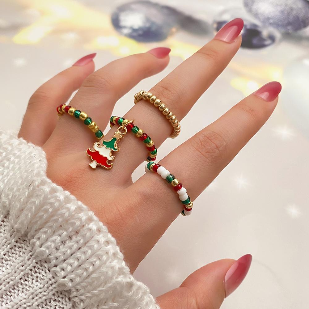 2023 New Christmas Tree Ring Colorful Luxury Santa Claus Ring Christmas Girl 4 Piece Ring Set Gift Elk Donut Pendant Fashion Exquisite Stretch Ring