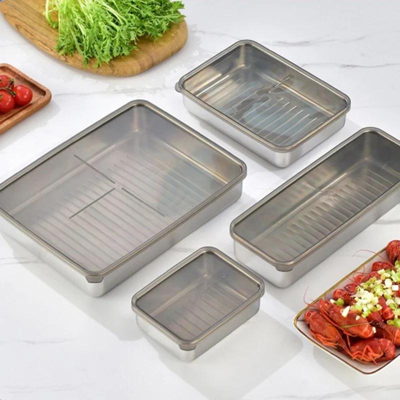 304 Stainless Steel Meat Fruit Fresh-keeping Box with Sealed Lid Fridge Organizer Food Storage Container Freezer Food Plates