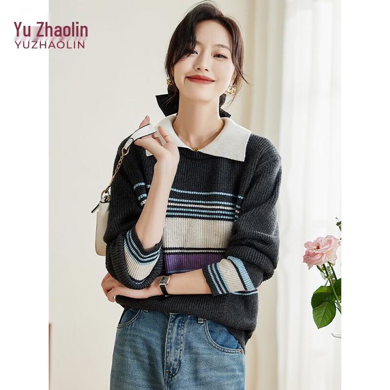 YUZHAOLIN Women s Retro Striped Lapel Knit Sweater M