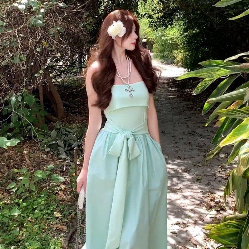 Summer new mint green tube top dress children's seaside vacation style waist off-the-shoulder dress