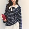 American Vintage Striped Bandage T-shirts Autumn Doll Collar Fashionable Spliced Female Clothing Contrasting Colors Pullovers