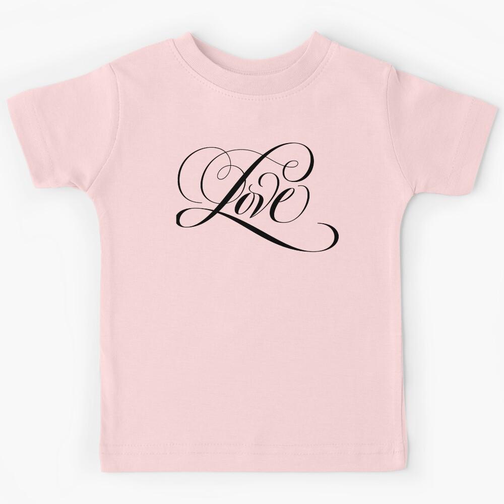 Romantic Black LOVE Calligraphy Script Lettering Blush Pastel Pink Kids T-Shirt 100