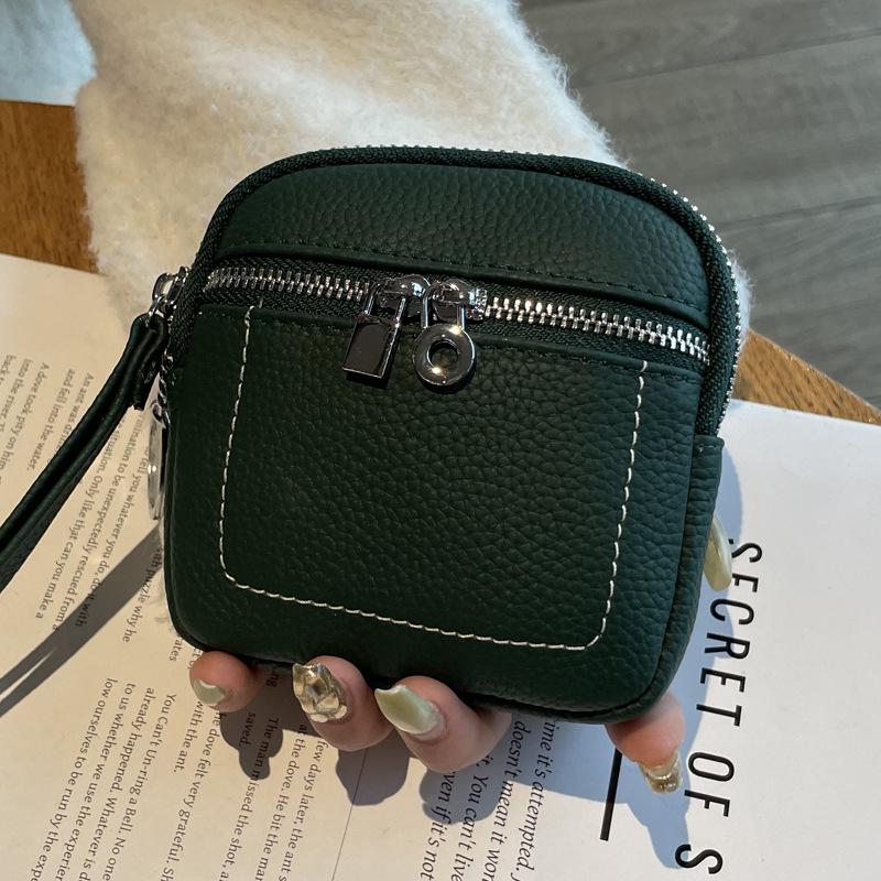 2025 Women's Genuine Leather Compact Wallet and Keychain - Lipstick, Earphone, and Coin Storage