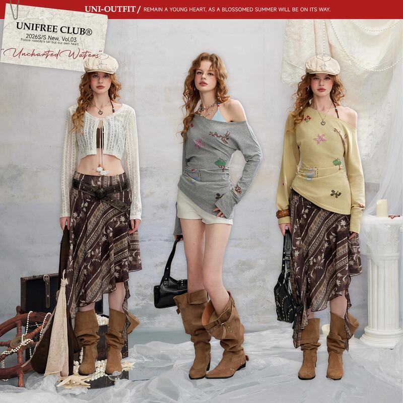 unifree Retro Mosaic Print Beaded T-Shirt Set