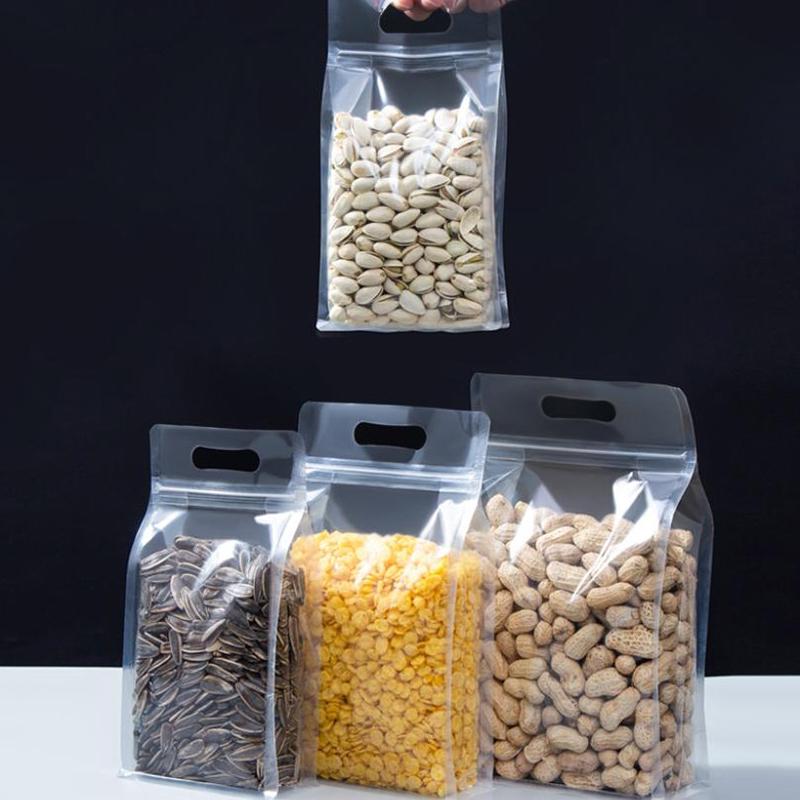 50Pcs Food Packaging Bags Transparent With Handle Stand Up Sealed For Candy Nuts Storage Reusable Zip Lock Pouches