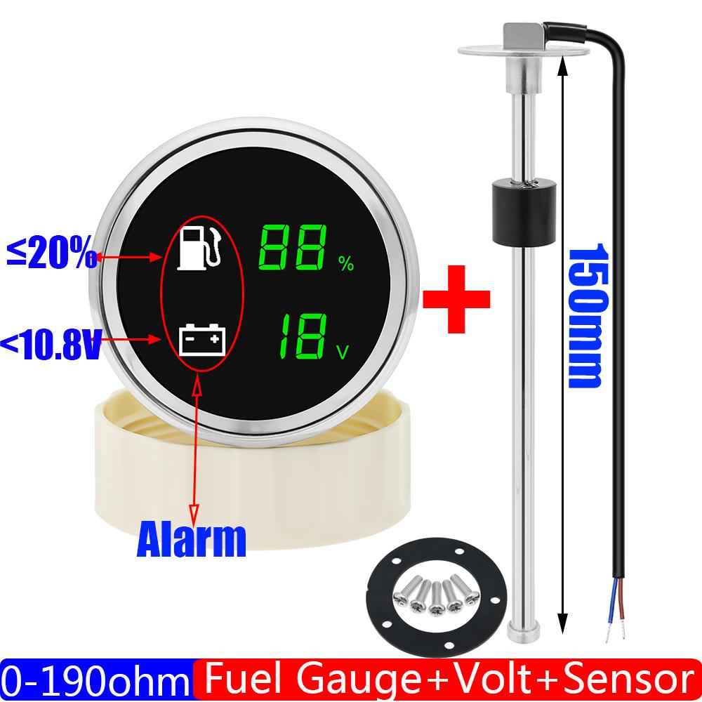 New 52mm Universal 2 in 1 Dual Gauge with Alarm LED Fuel Level Meter Voltmeter+Fuel Tank Level Sensor 0-190 Ohm Car Boat Custom