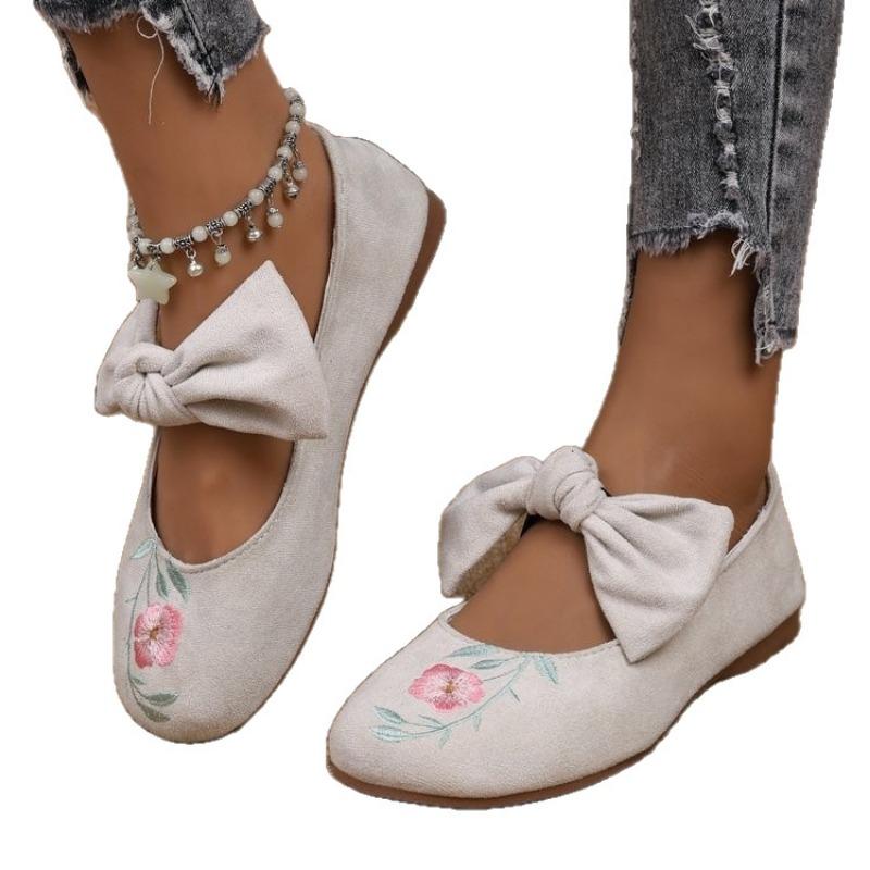 New Embroidered Bow Flat Mary Jane Single Shoes Women's Overfoot Lightweight Work Shoes