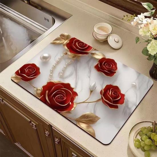 Yousheng Floral Dish Drying Mat Absorbent Kitchen Drying Mat Reusable Washable Dish Drying Pad Non-slip Dish Rack Mats for Kitchen Counter