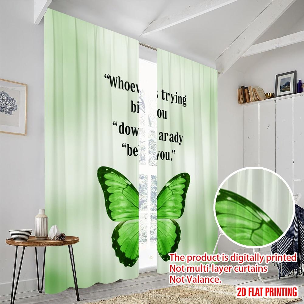 2pcs 2D flat printing Curtains Green Butterfly Peaceful Message Polyester Without Electricity Festive Holiday Use for Festive