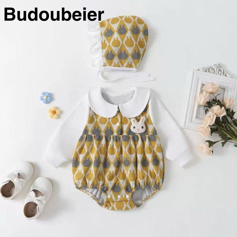 

Baby Spring and Autumn Clothing, Cute and Stylish Rabbit Onesie for Baby Girls, Suitable for Full Month and 100-Day Celebrations, Outdoor Romper Yellow (Send Hat) 59