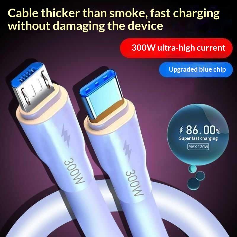 300W Type C / Micro Usb Super Fast Charging Data Cable Usb C Data Line Fast Charger For Most Mobile Phones Universal