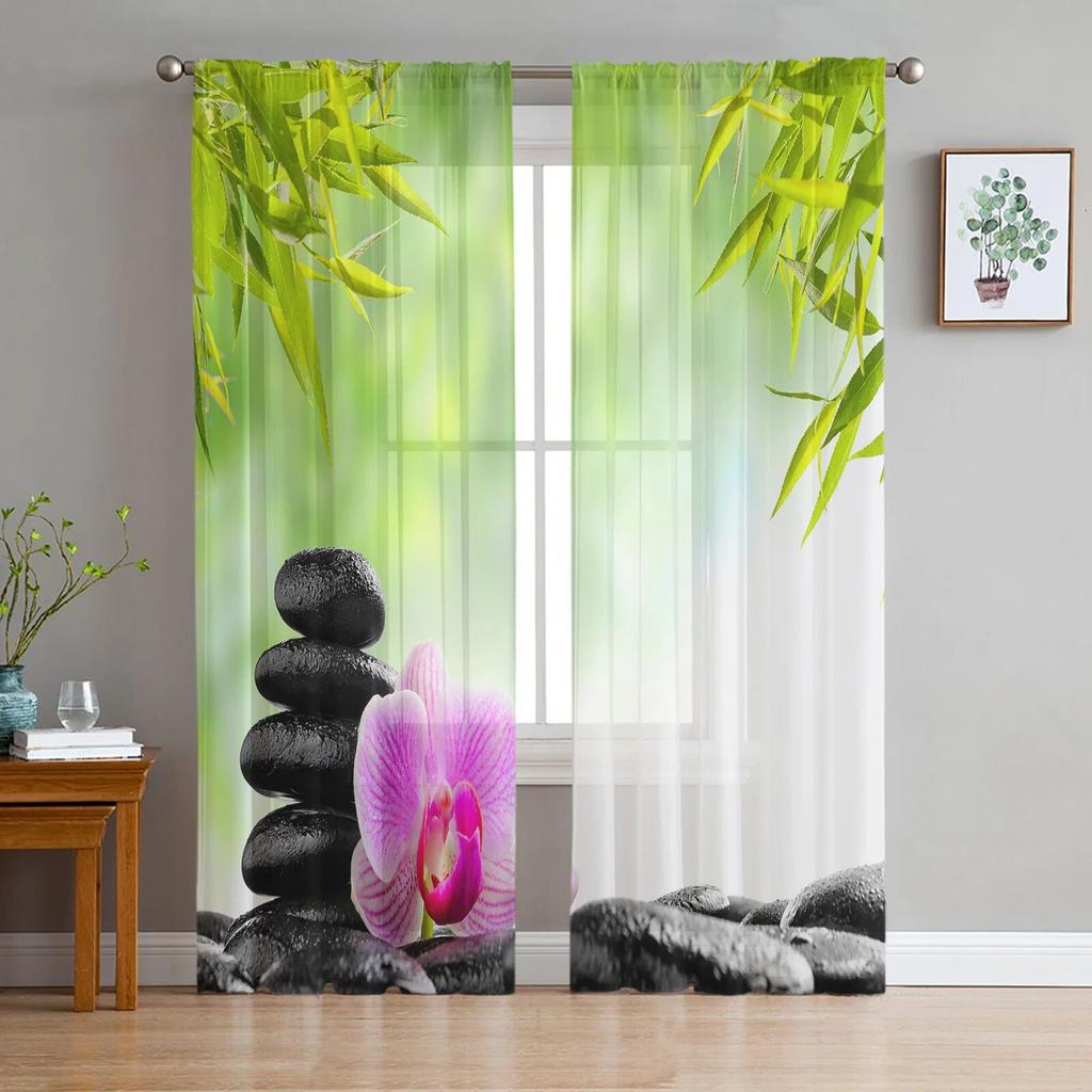Flower Pink Orchid Reflection Sheer Curtains for Girl Kids Bedroom Kitchen Window Drapes Curtain Home Decoration