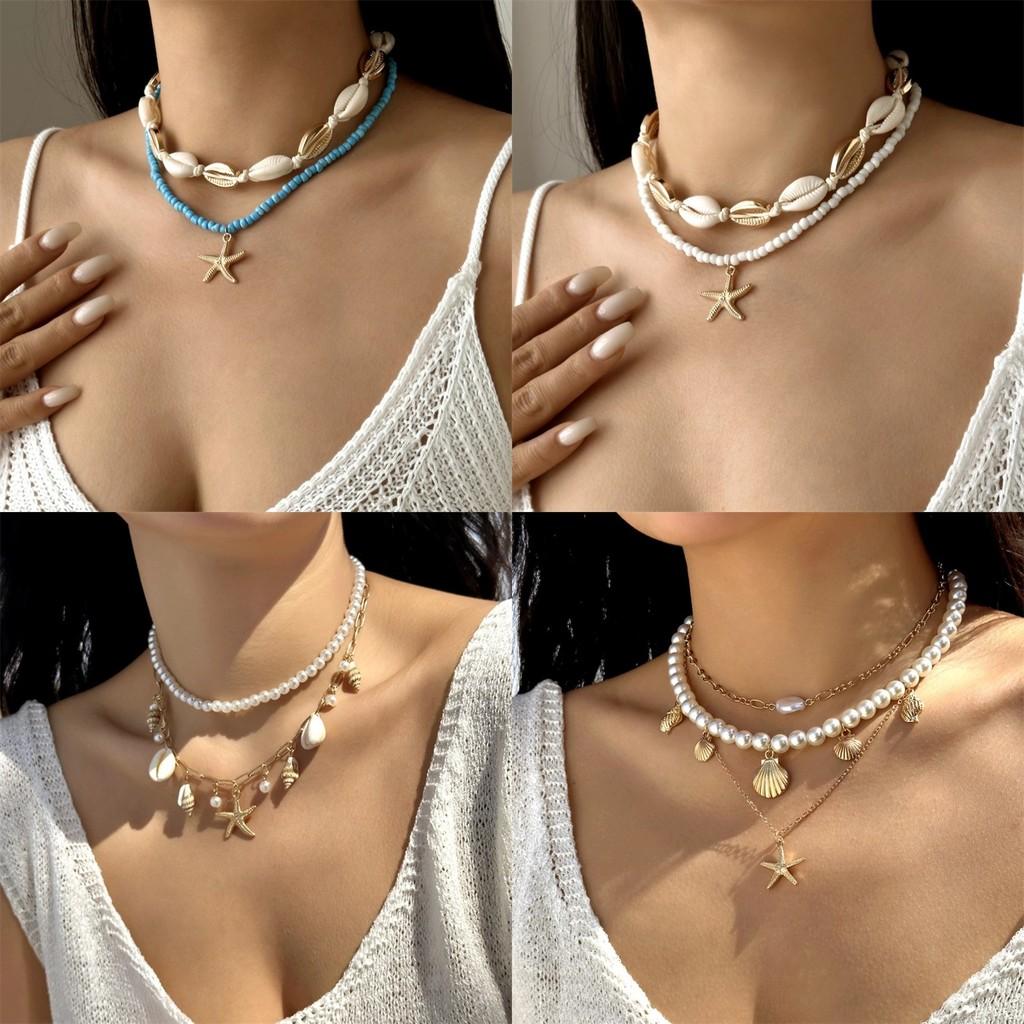 Bohemian Starfish Shell Bead Necklace With Layered Chain For Women