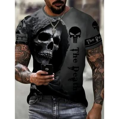 Horror Death Summer Men's Breathable Round Neck T-Shirt Skull Print Halloween Streetwear Hip Hop Casual Outdoor Top