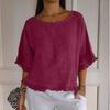 Summer Casual T-Shirt Round Neck Short Sleeved Cotton Linen Blouse Casual Solid Color Loose Pullover Clothes Fit Shirt for Women